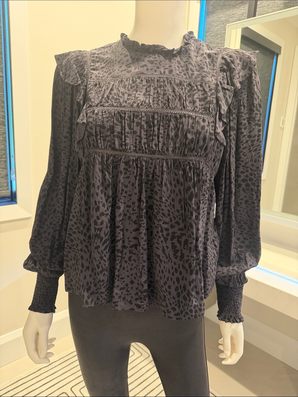 Rails Black Ruffled Animal-Print Long Sleeve Blouse